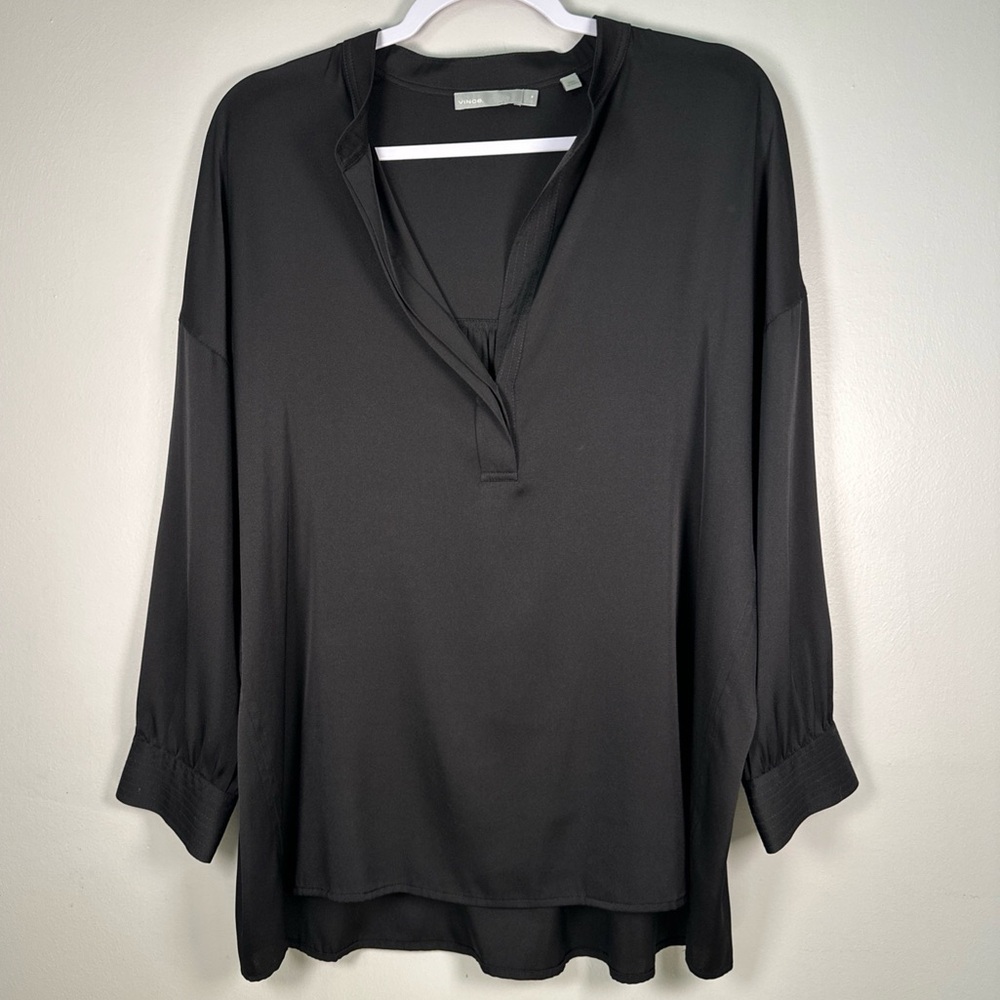 Vince Top Women Medium Black Silk Band Collar Split Neck Satin Pleated Back